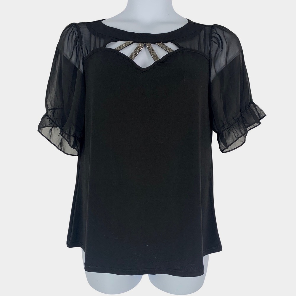 Adele & May XL Black Sheer Sleeve Rhinestone Neck Blouse
